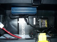 300 Watt DC to AC power converter, mounted to the bottom of the top compartment